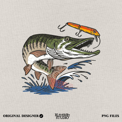 Aggressive muskie fish jumping out of the water to bite a bright orange fishing lure, drawn in vintage cartoon style with splash effects.