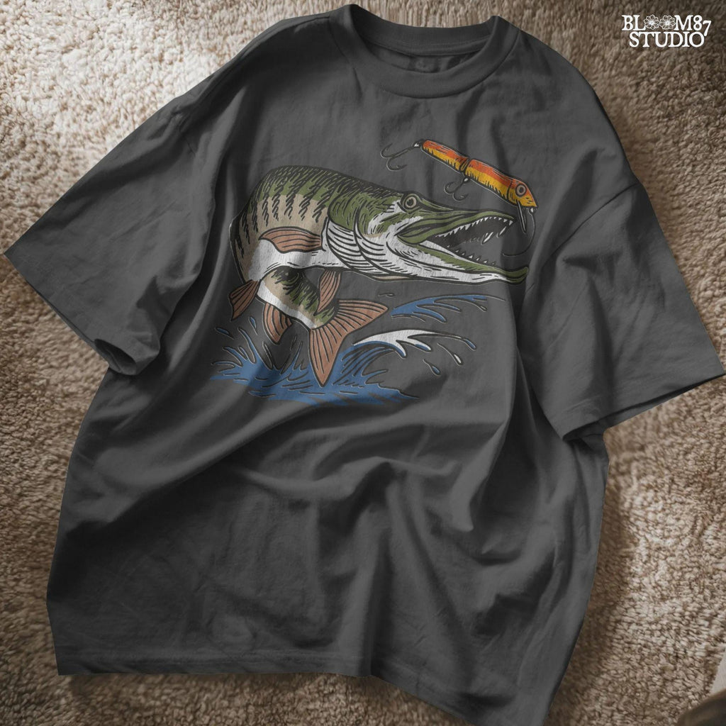 Aggressive muskie fish jumping out of the water to bite a bright orange fishing lure, drawn in vintage cartoon style with splash effects.