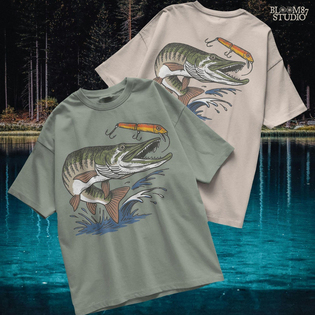 Aggressive muskie fish jumping out of the water to bite a bright orange fishing lure, drawn in vintage cartoon style with splash effects.