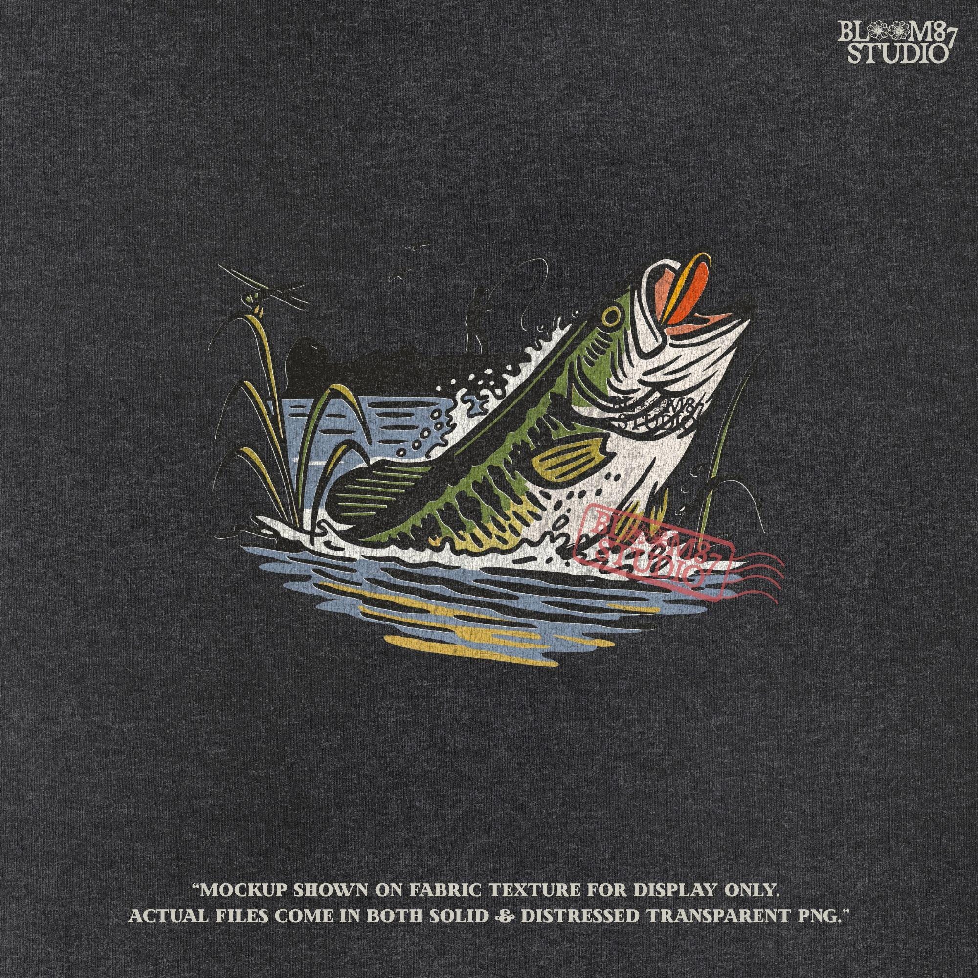 Largemouth bass fish jumping from the water as a fisherman casts from the shore, with reeds and splashes in vintage cartoon style.