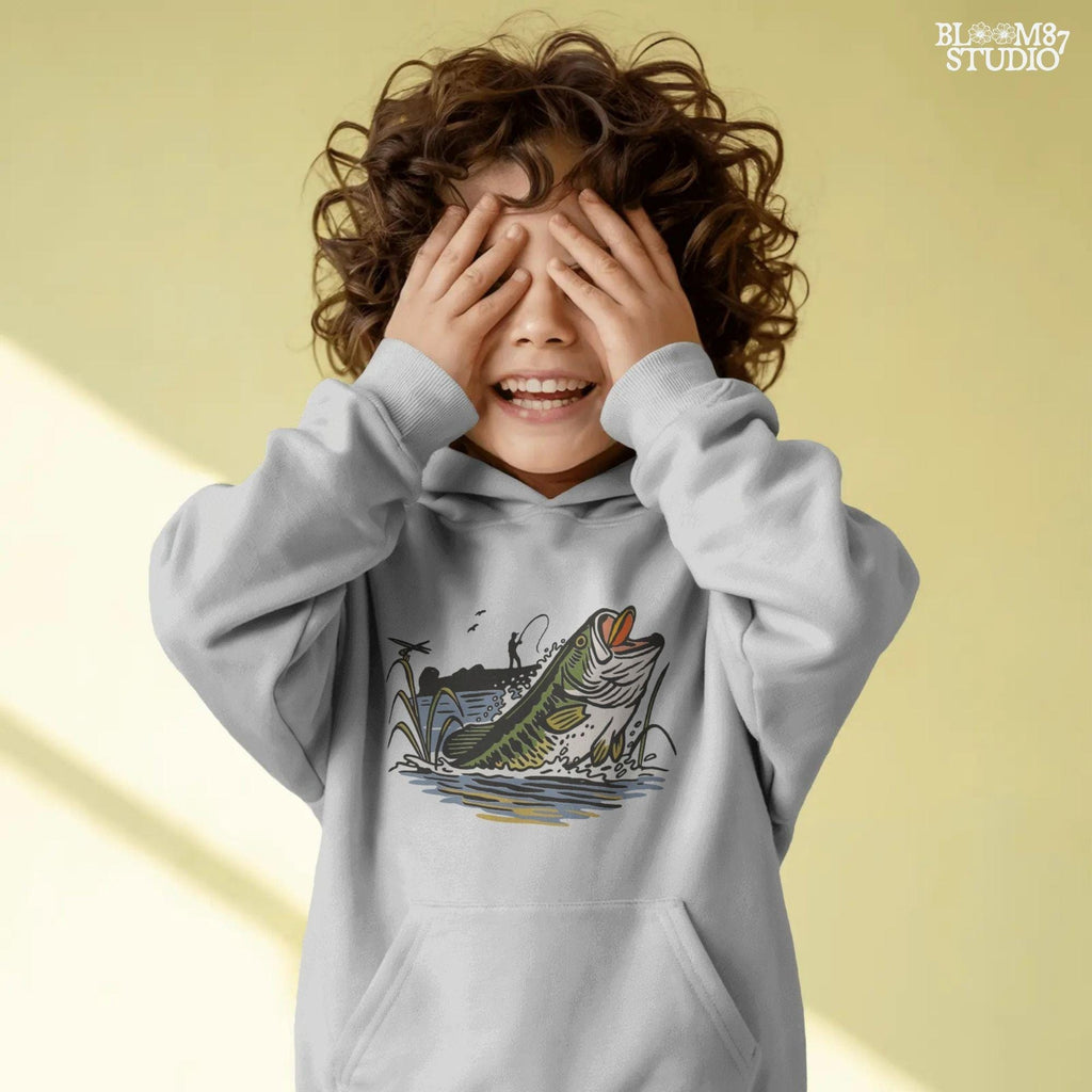 Largemouth bass fish jumping from the water as a fisherman casts from the shore, with reeds and splashes in vintage cartoon style.