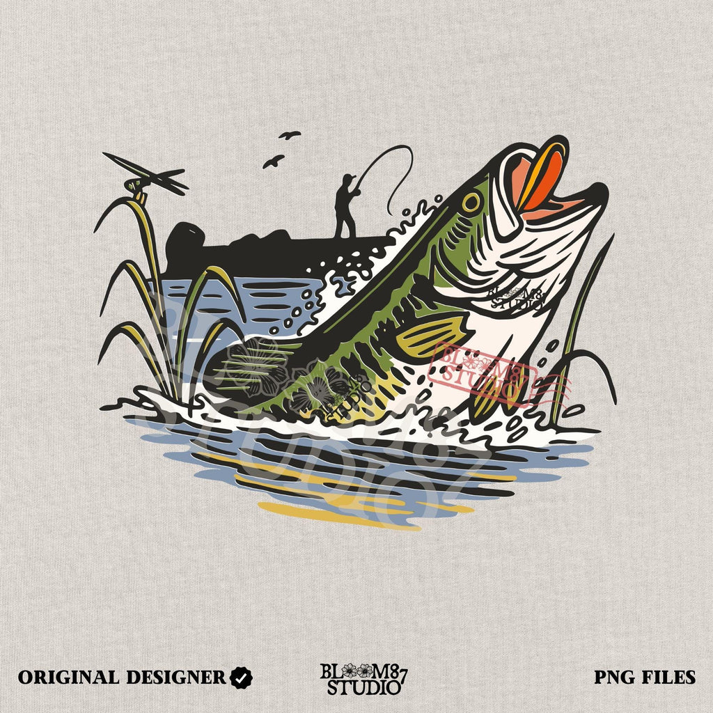 Largemouth bass fish jumping from the water as a fisherman casts from the shore, with reeds and splashes in vintage cartoon style.