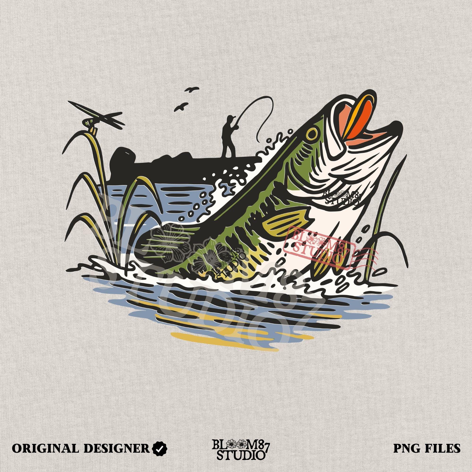Largemouth bass fish jumping from the water as a fisherman casts from the shore, with reeds and splashes in vintage cartoon style.