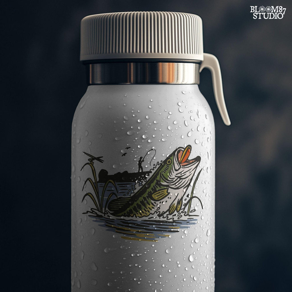 Largemouth bass fish jumping from the water as a fisherman casts from the shore, with reeds and splashes in vintage cartoon style.