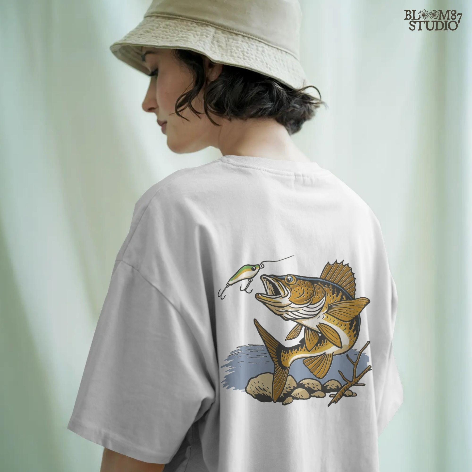 Walleye fish underwater lunging toward a fishing lure near lake rocks and branches, drawn in vintage style with natural colors.