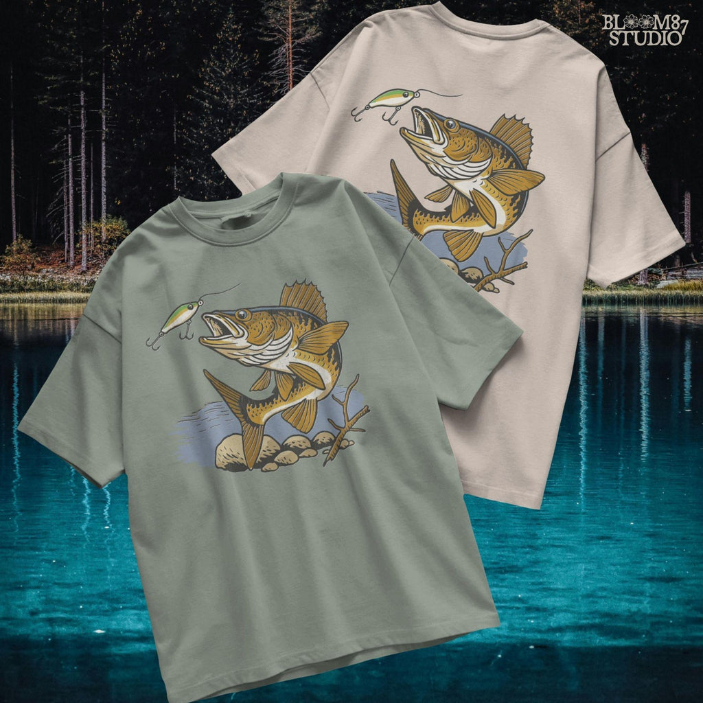 Walleye fish underwater lunging toward a fishing lure near lake rocks and branches, drawn in vintage style with natural colors.