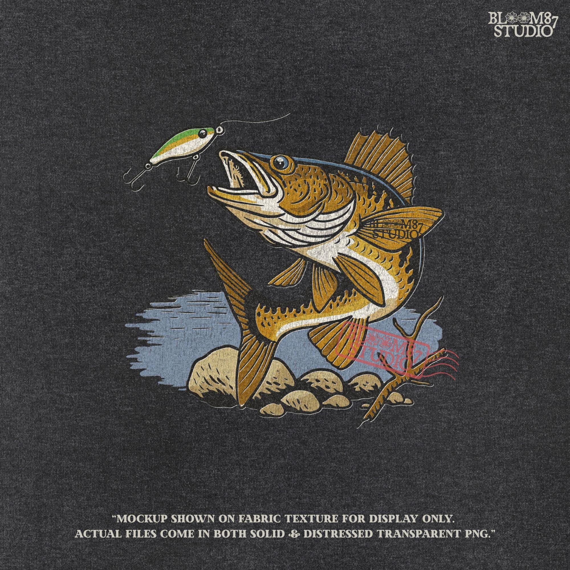 Walleye fish underwater lunging toward a fishing lure near lake rocks and branches, drawn in vintage style with natural colors.