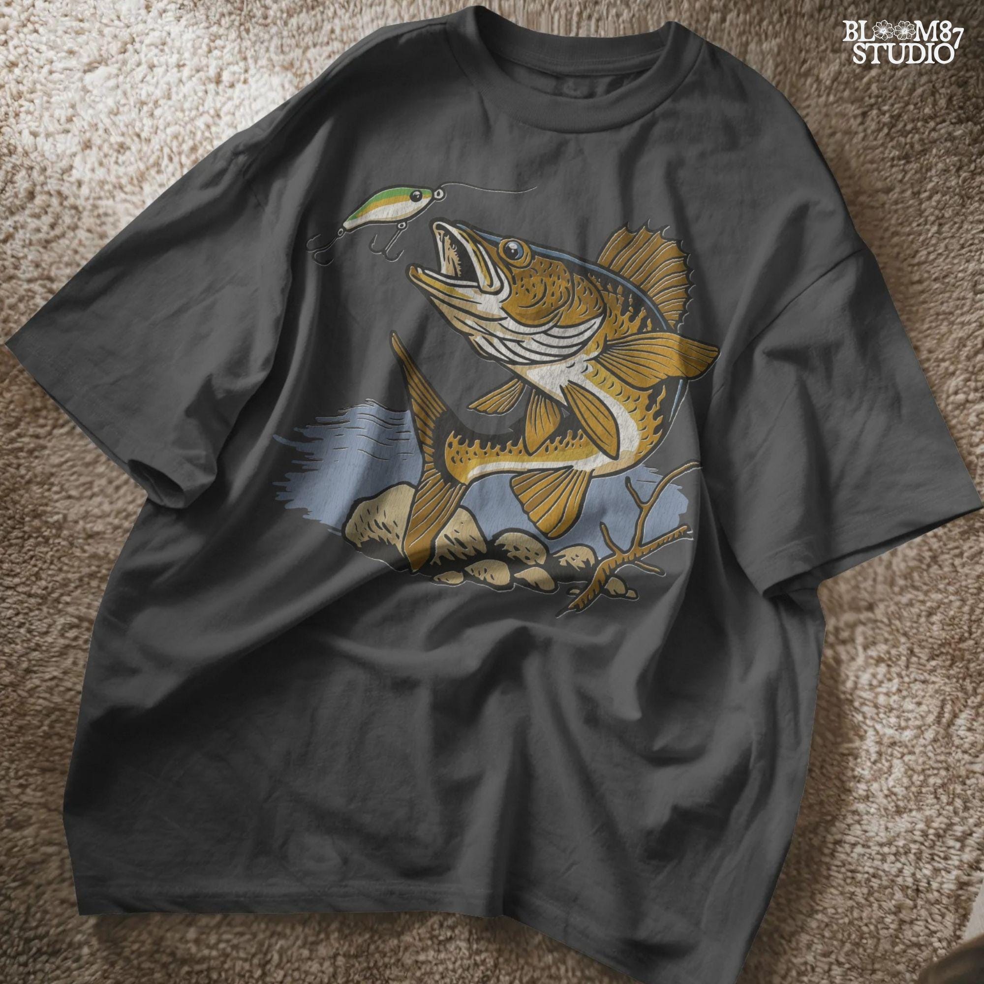 Walleye fish underwater lunging toward a fishing lure near lake rocks and branches, drawn in vintage style with natural colors.