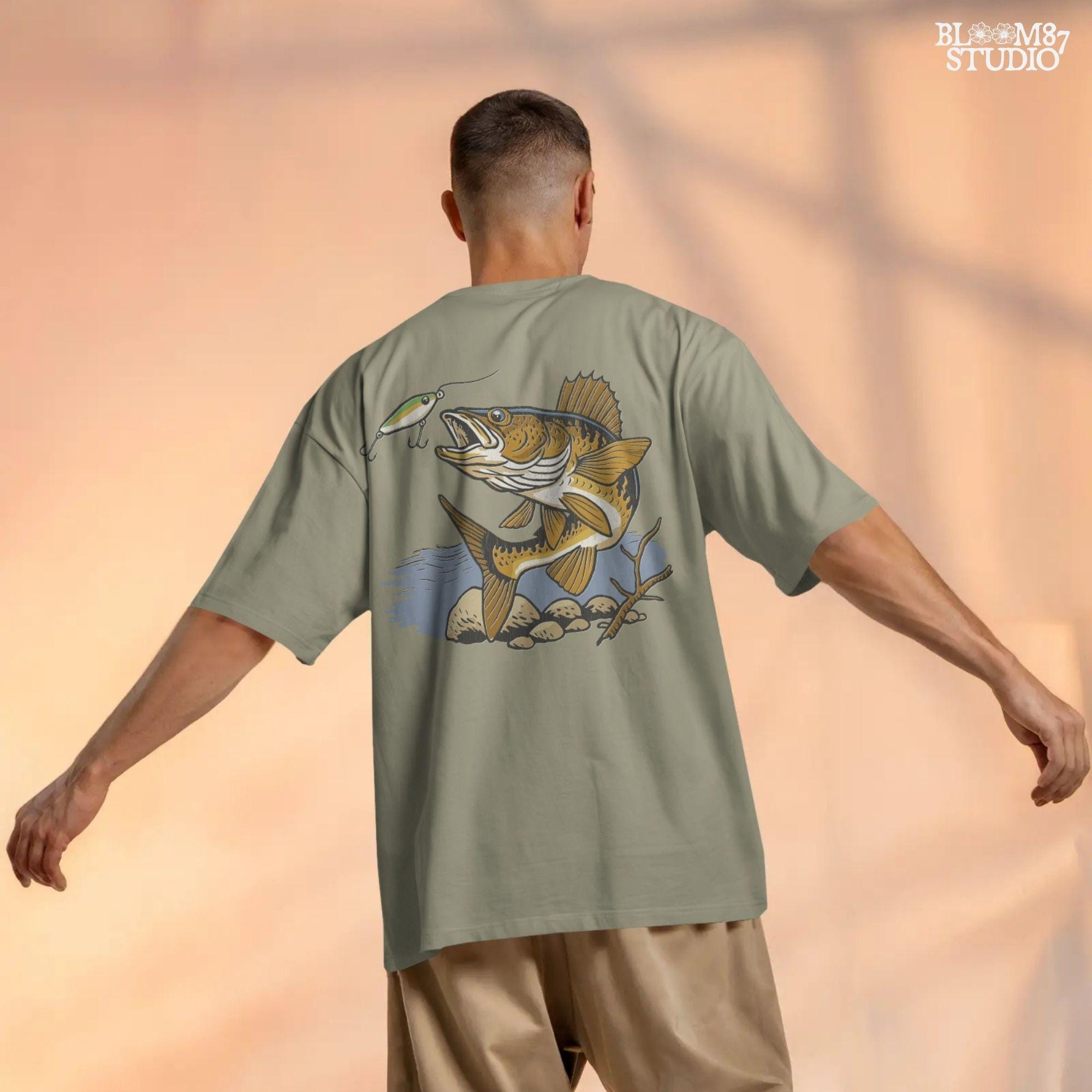 Walleye fish underwater lunging toward a fishing lure near lake rocks and branches, drawn in vintage style with natural colors.