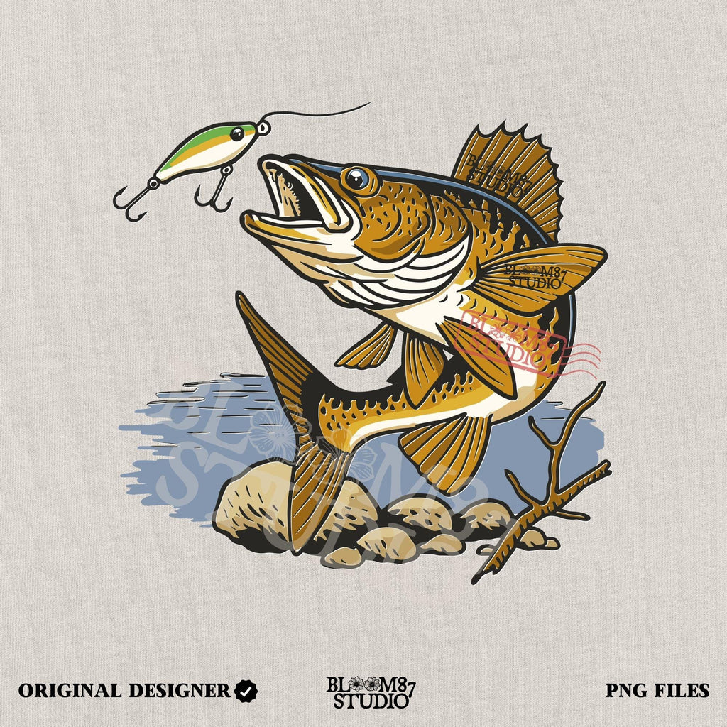 Walleye fish underwater lunging toward a fishing lure near lake rocks and branches, drawn in vintage style with natural colors.