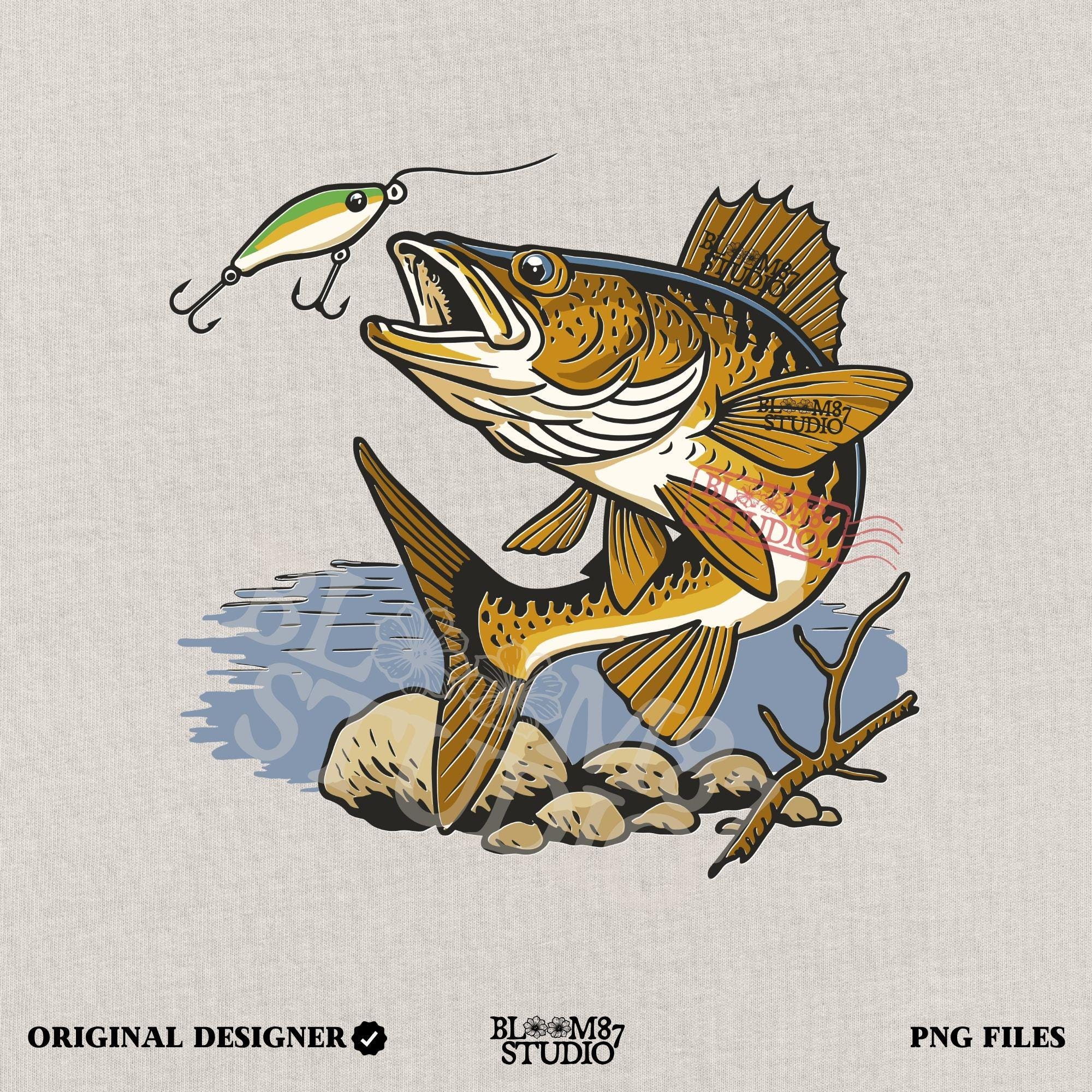 Walleye fish underwater lunging toward a fishing lure near lake rocks and branches, drawn in vintage style with natural colors.