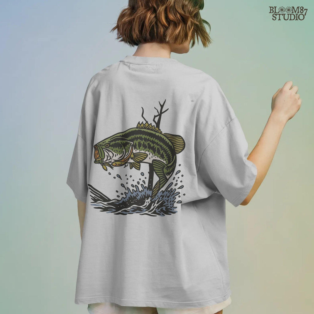 Largemouth bass fish leaping from water with a lure in its mouth, surrounded by splashing water and tree branches in a bold vintage style.