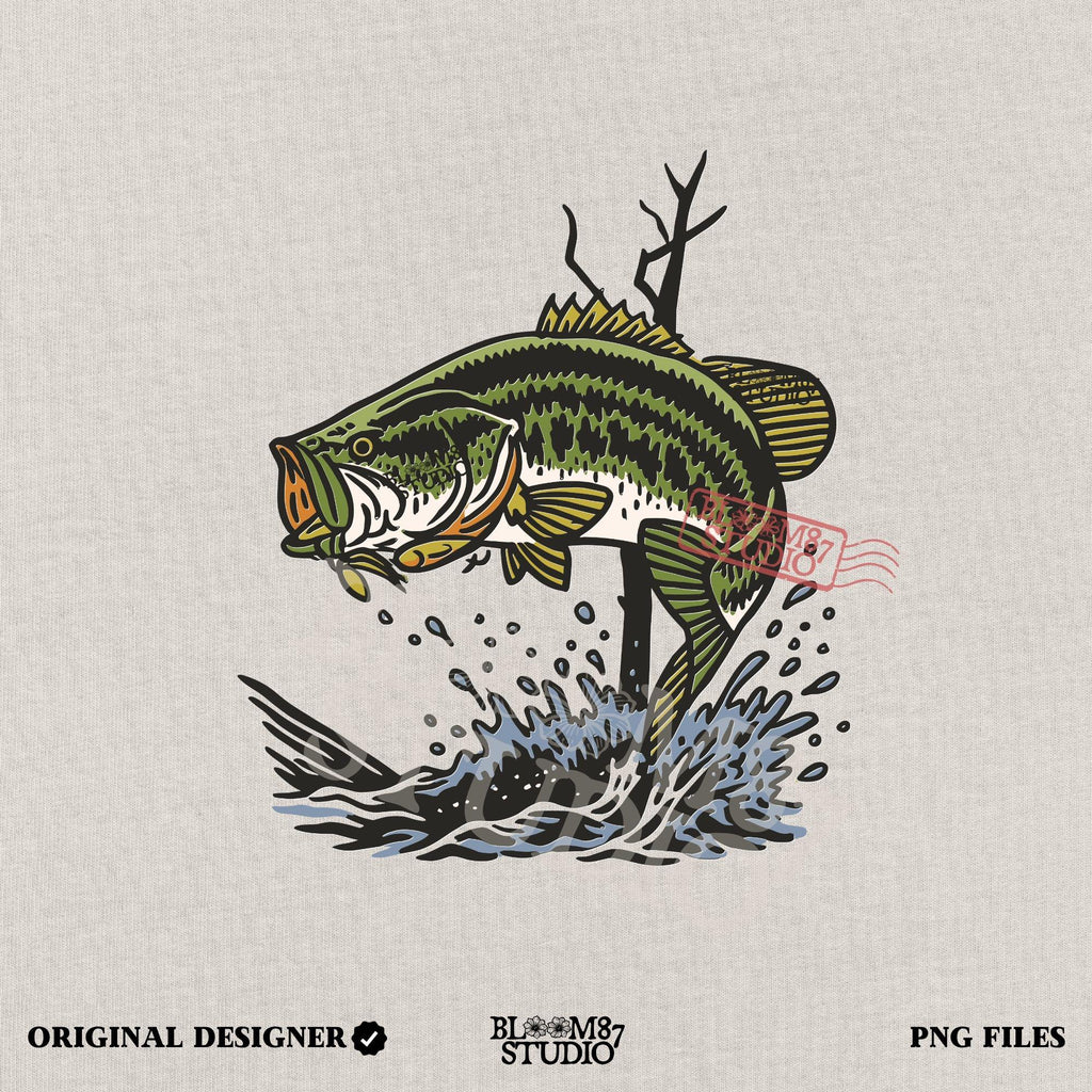 Largemouth bass fish leaping from water with a lure in its mouth, surrounded by splashing water and tree branches in a bold vintage style.