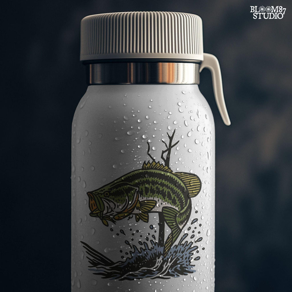 Largemouth bass fish leaping from water with a lure in its mouth, surrounded by splashing water and tree branches in a bold vintage style.