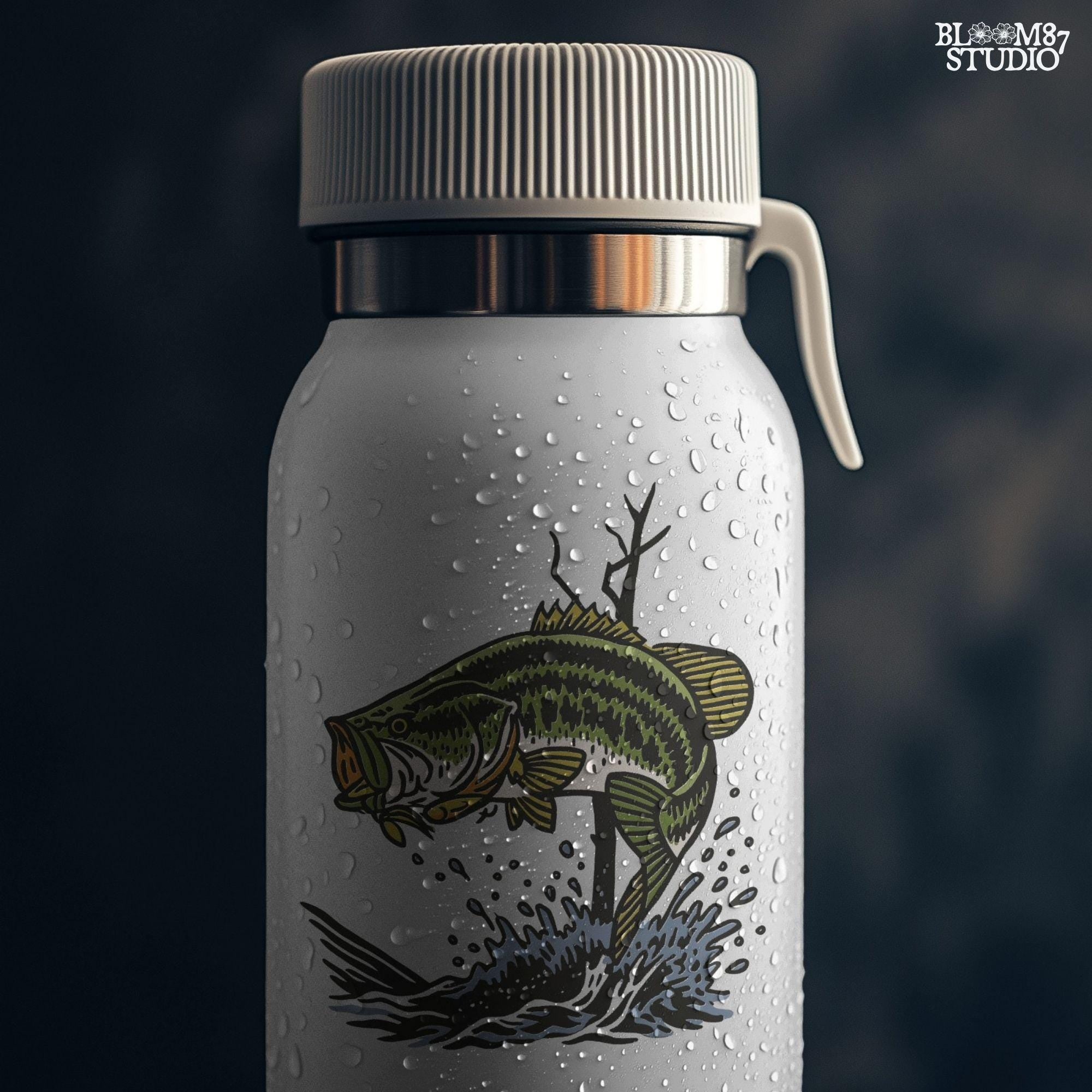 Largemouth bass fish leaping from water with a lure in its mouth, surrounded by splashing water and tree branches in a bold vintage style.