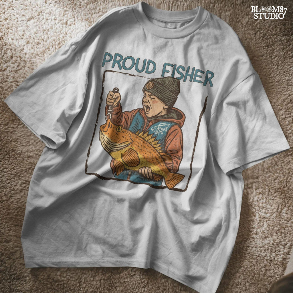 Retro illustration of a young boy in beanie proudly holding a large fish with “Proud Fisher” text above in vintage outdoors style