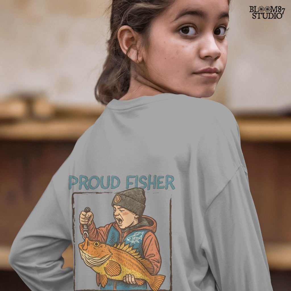 Retro illustration of a young boy in beanie proudly holding a large fish with “Proud Fisher” text above in vintage outdoors style