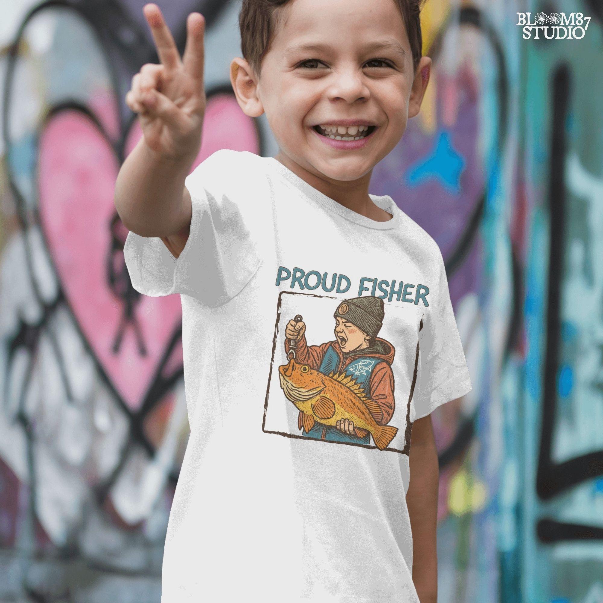 Retro illustration of a young boy in beanie proudly holding a large fish with “Proud Fisher” text above in vintage outdoors style