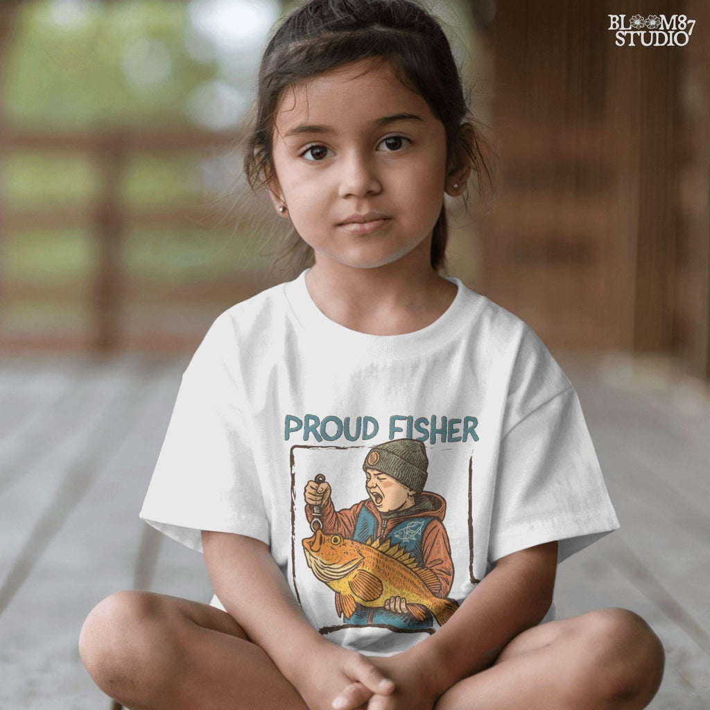 Retro illustration of a young boy in beanie proudly holding a large fish with “Proud Fisher” text above in vintage outdoors style