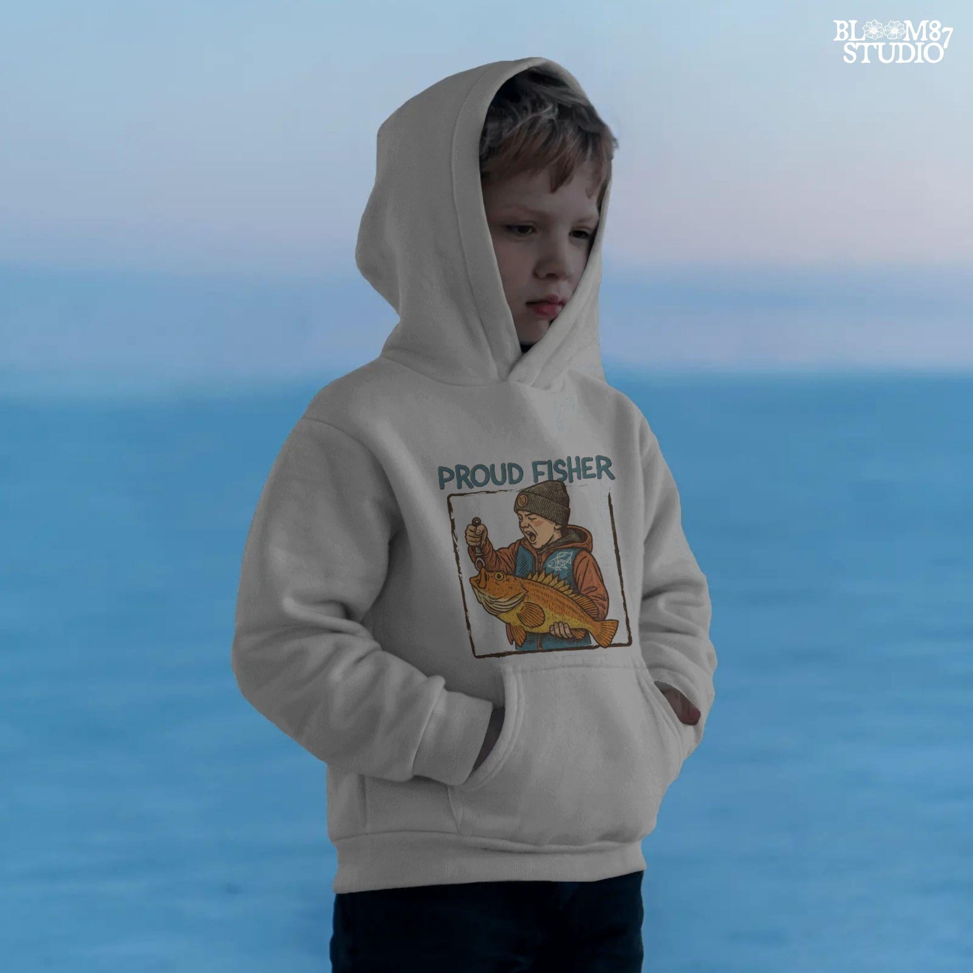 Retro illustration of a young boy in beanie proudly holding a large fish with “Proud Fisher” text above in vintage outdoors style