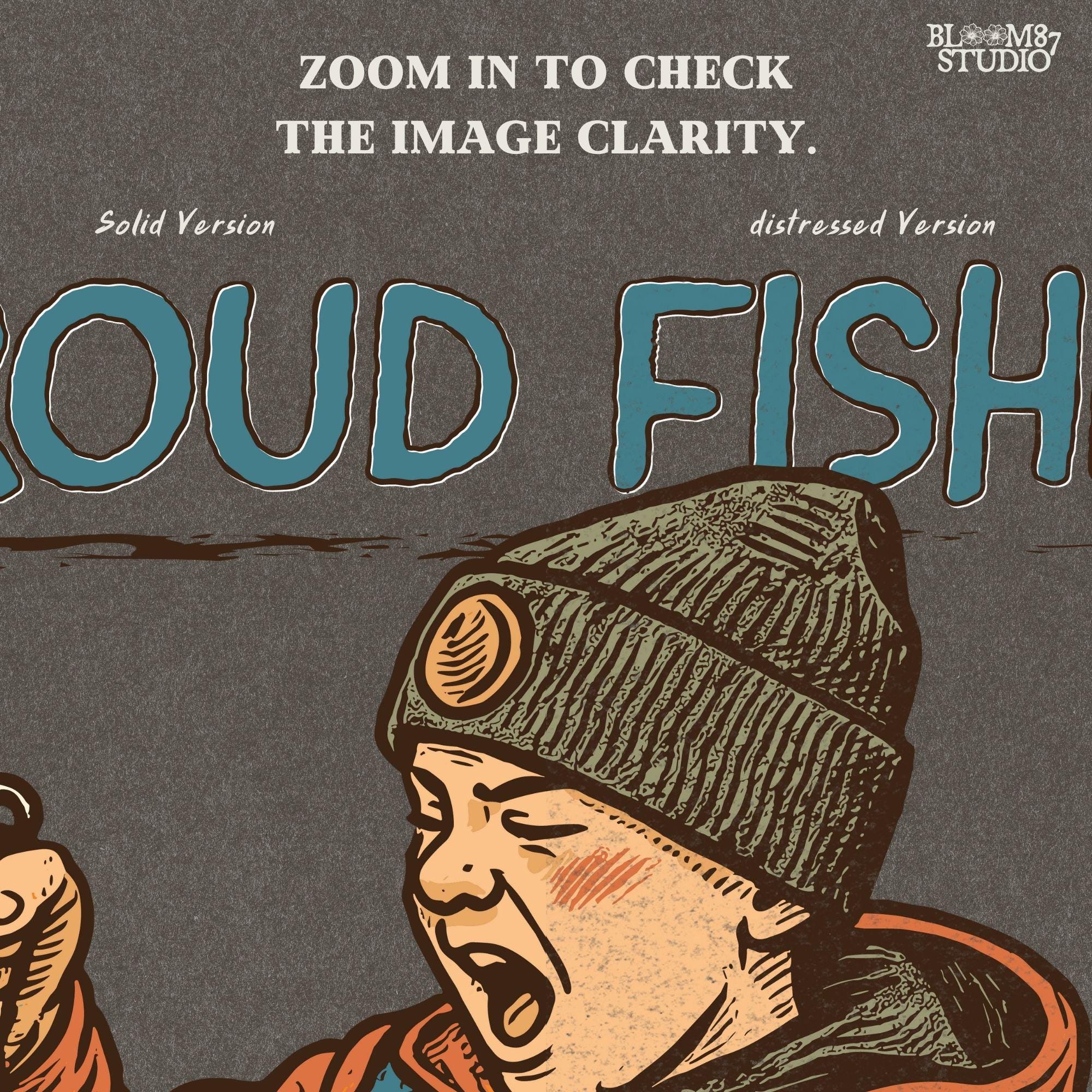 Retro illustration of a young boy in beanie proudly holding a large fish with “Proud Fisher” text above in vintage outdoors style