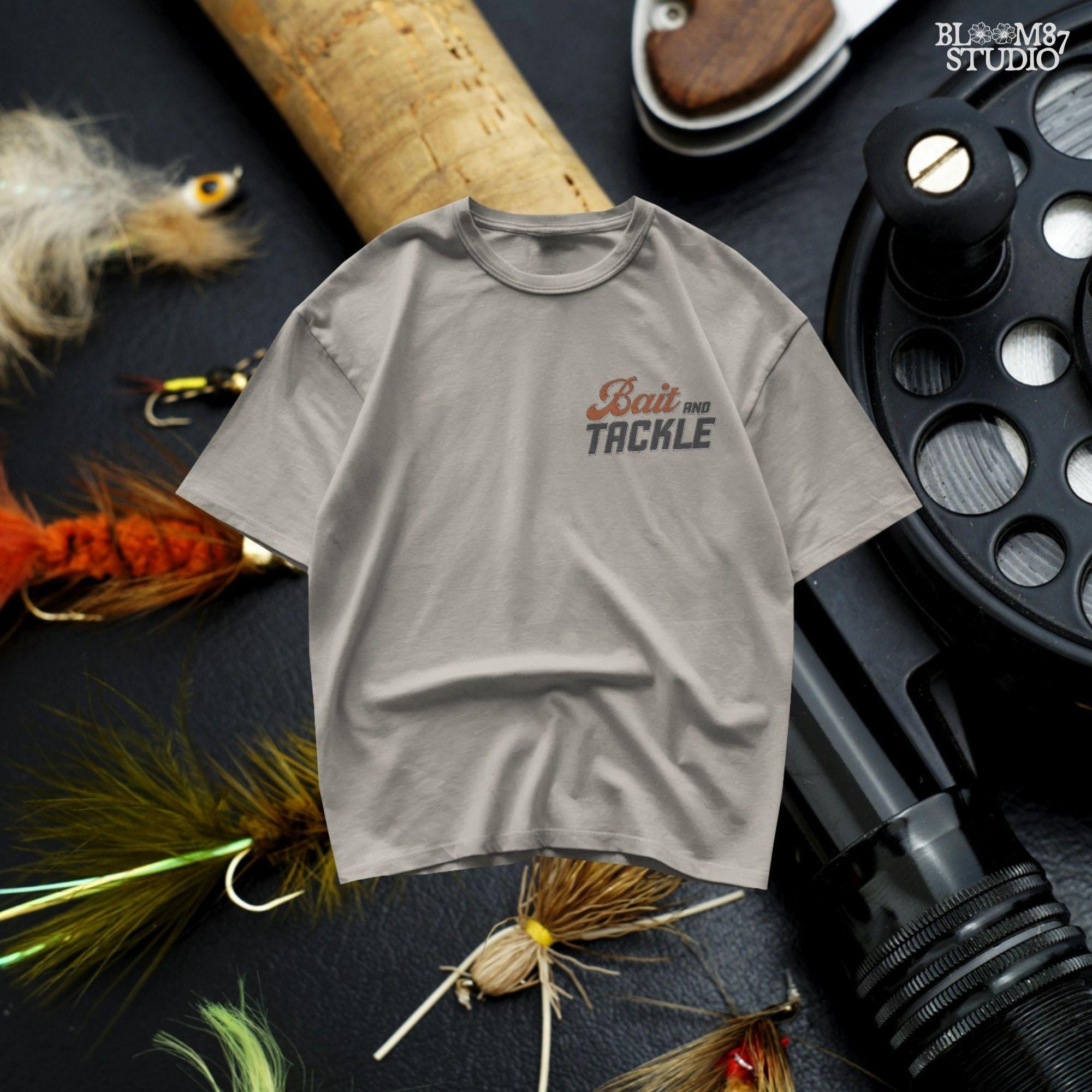 Vintage illustration of rainbow trout with fly rod, reel, river rocks, and “Bait and Tackle” text in retro fishing style