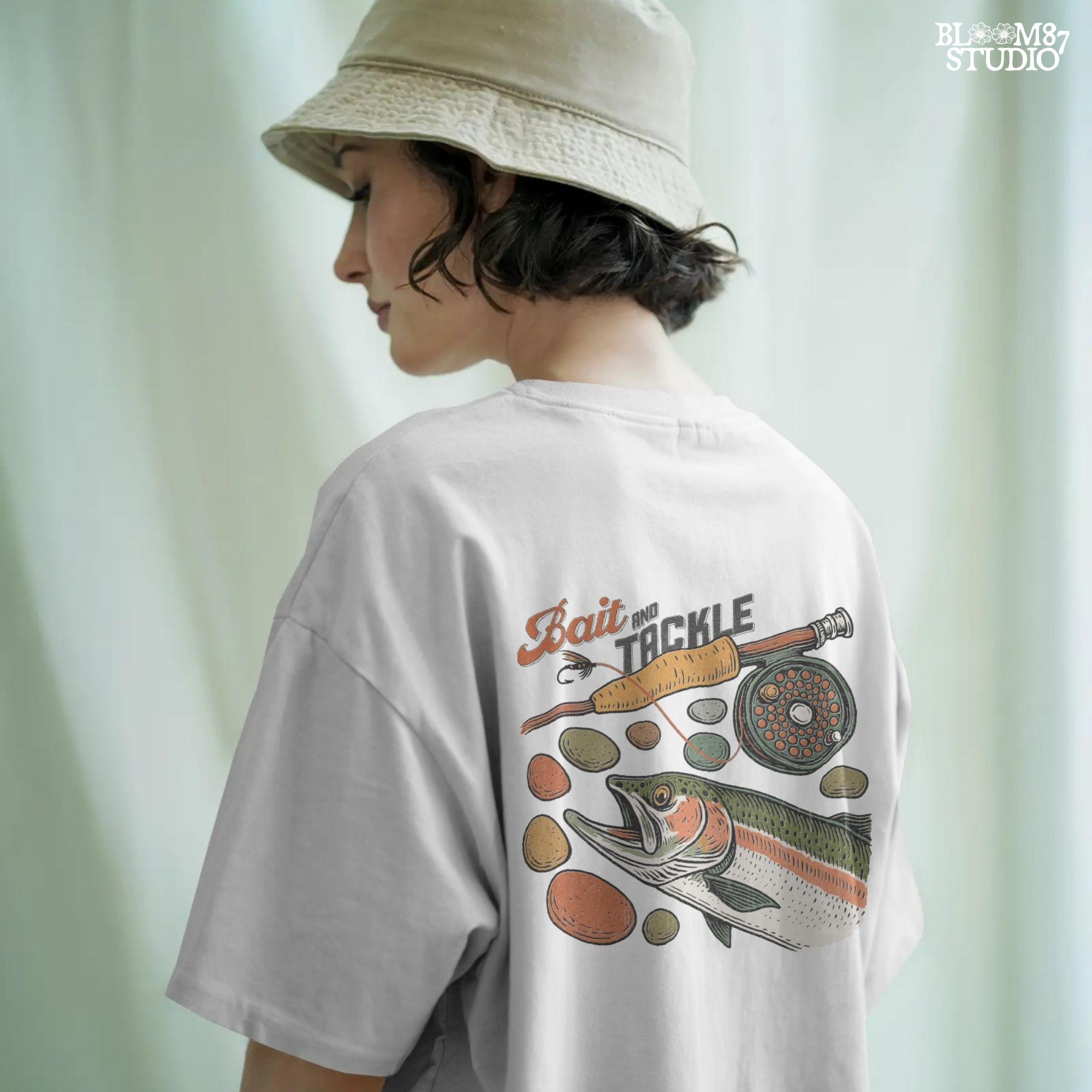 Vintage illustration of rainbow trout with fly rod, reel, river rocks, and “Bait and Tackle” text in retro fishing style