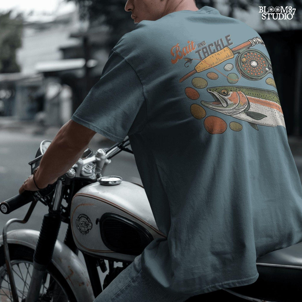 Vintage illustration of rainbow trout with fly rod, reel, river rocks, and “Bait and Tackle” text in retro fishing style