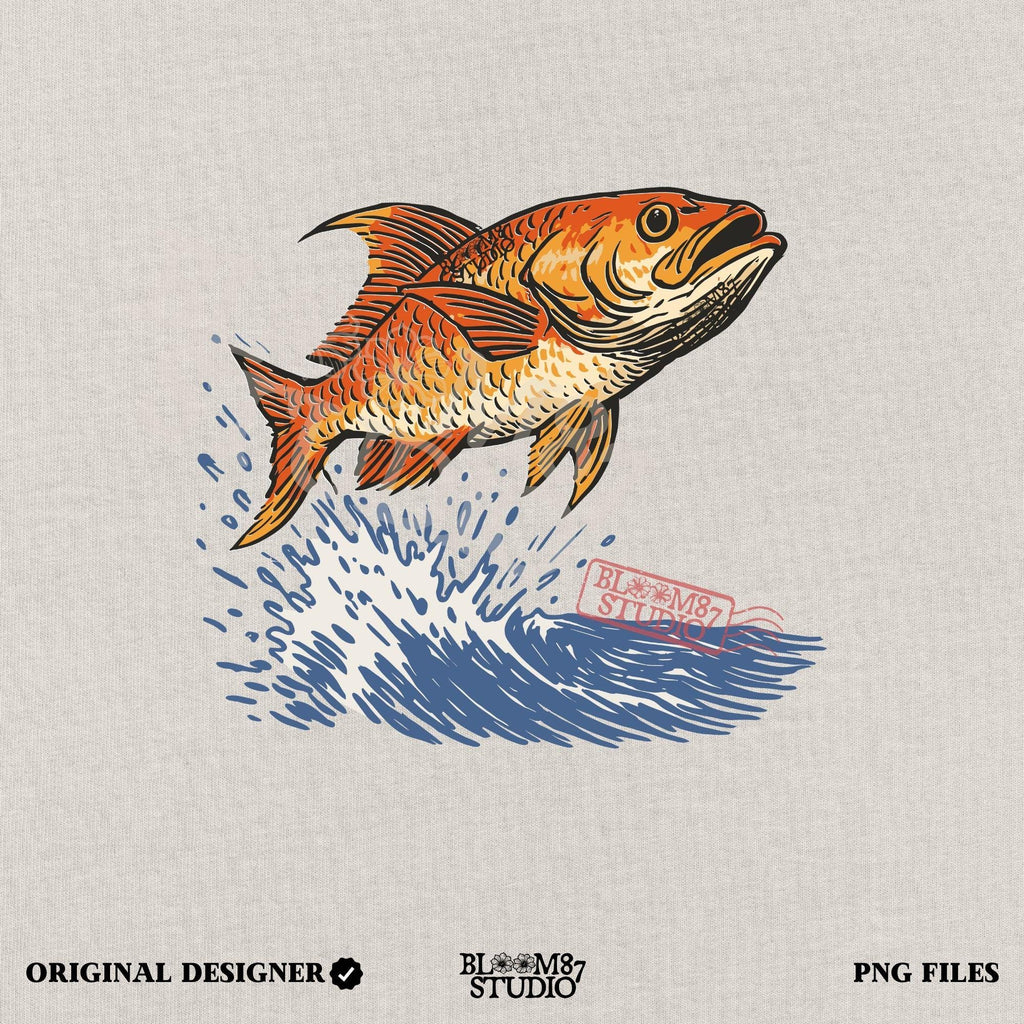 Redfish jumping from the ocean with large splash, illustrated in bold vintage style with orange scales and dramatic water movement.