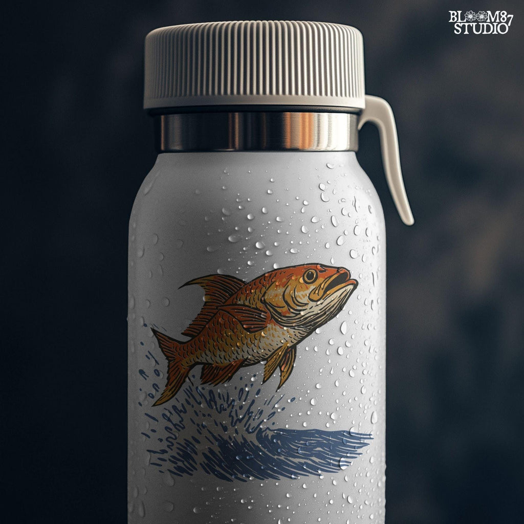 Redfish jumping from the ocean with large splash, illustrated in bold vintage style with orange scales and dramatic water movement.