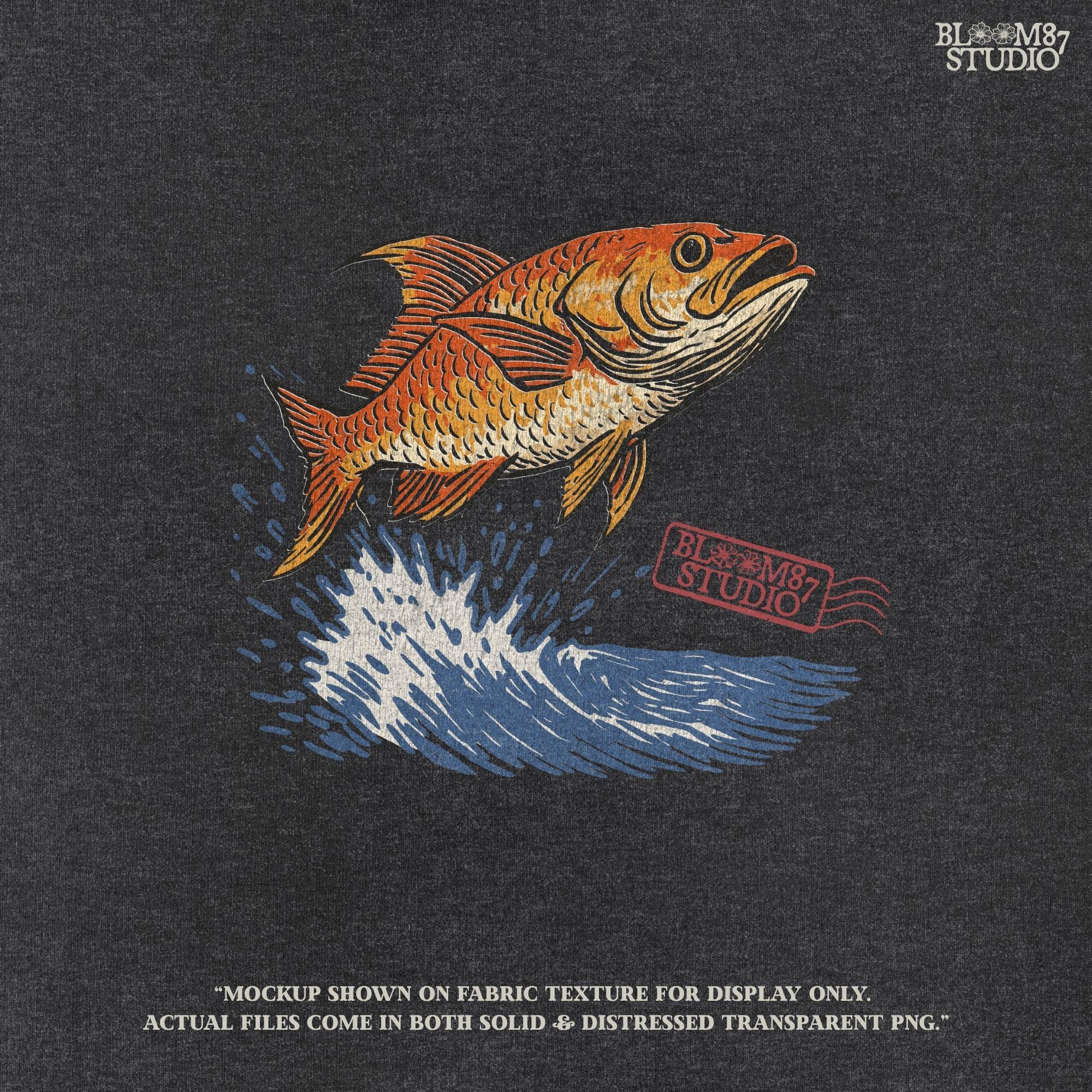 Redfish jumping from the ocean with large splash, illustrated in bold vintage style with orange scales and dramatic water movement.