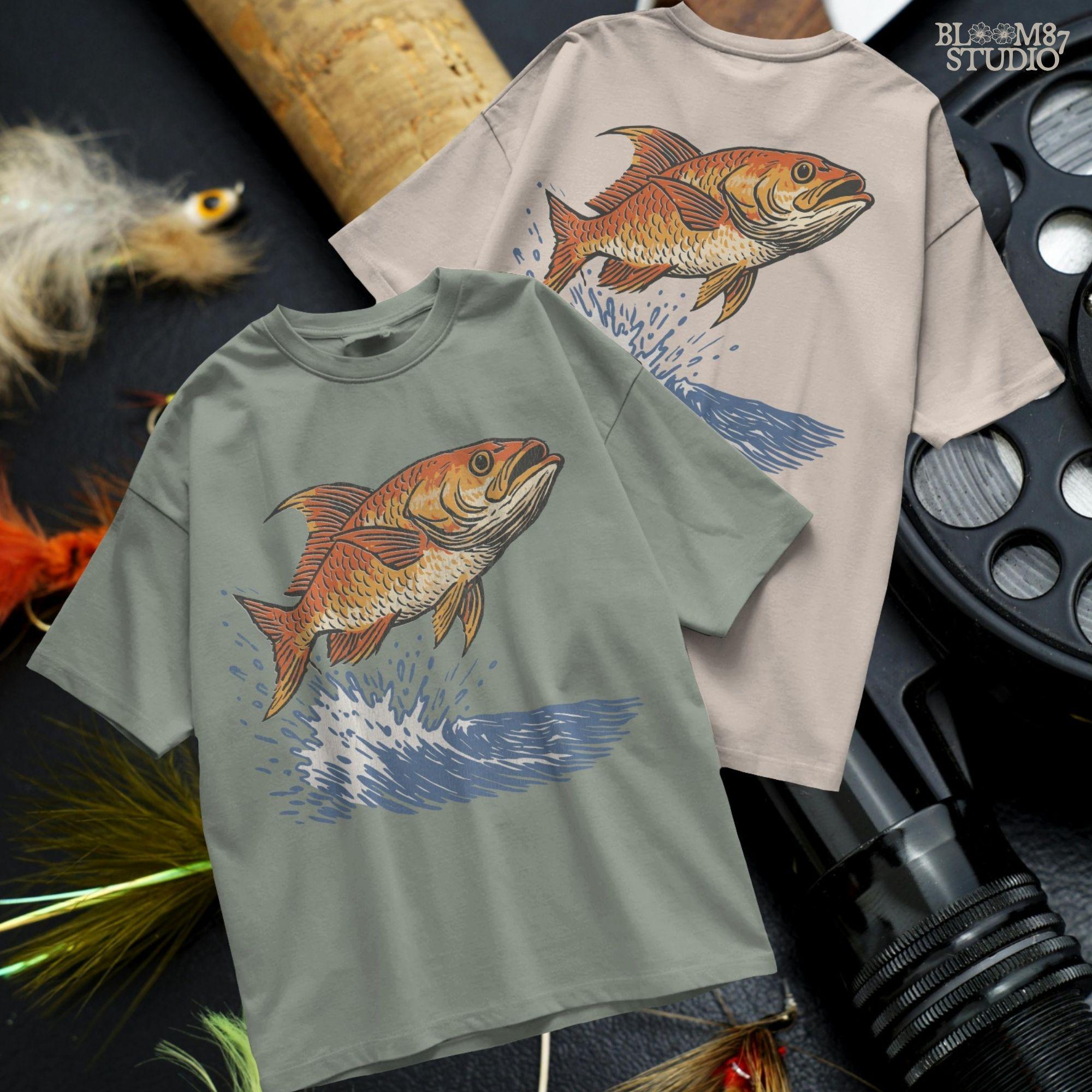 Redfish jumping from the ocean with large splash, illustrated in bold vintage style with orange scales and dramatic water movement.