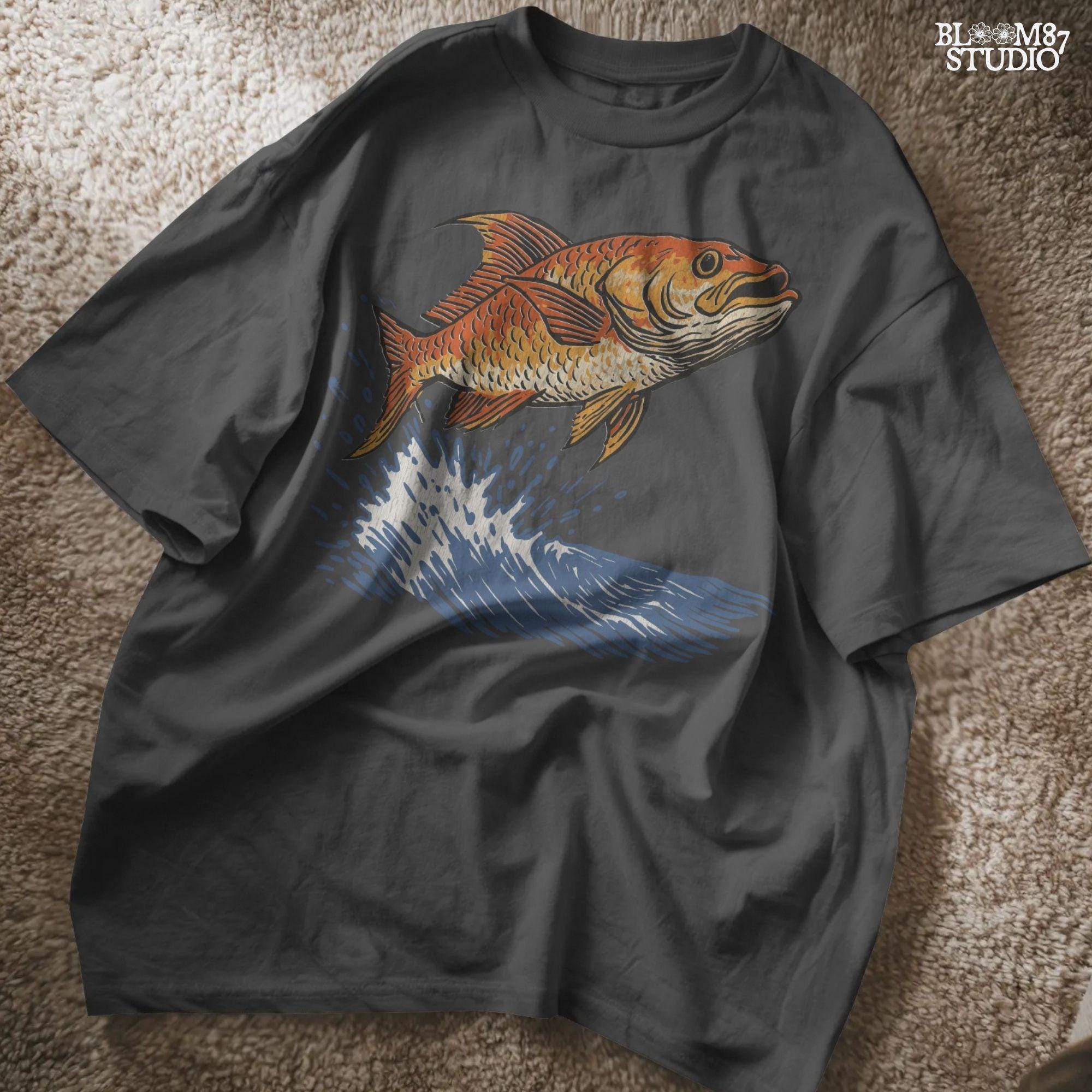 Redfish jumping from the ocean with large splash, illustrated in bold vintage style with orange scales and dramatic water movement.