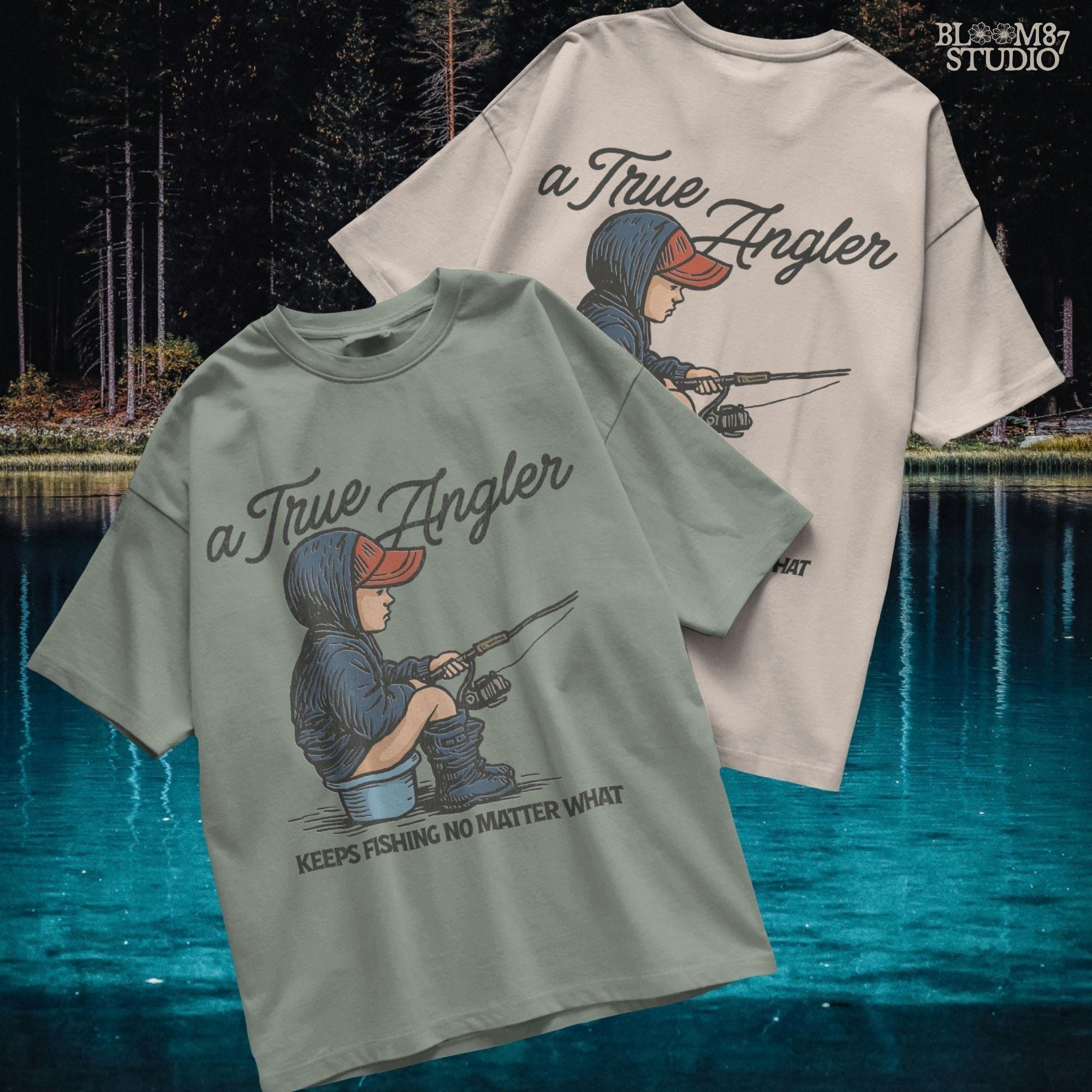 Cartoon of young boy sitting on a bucket in hoodie and boots, fishing with full focus, with the quote “A True Angler Keeps Fishing No Matter What.”