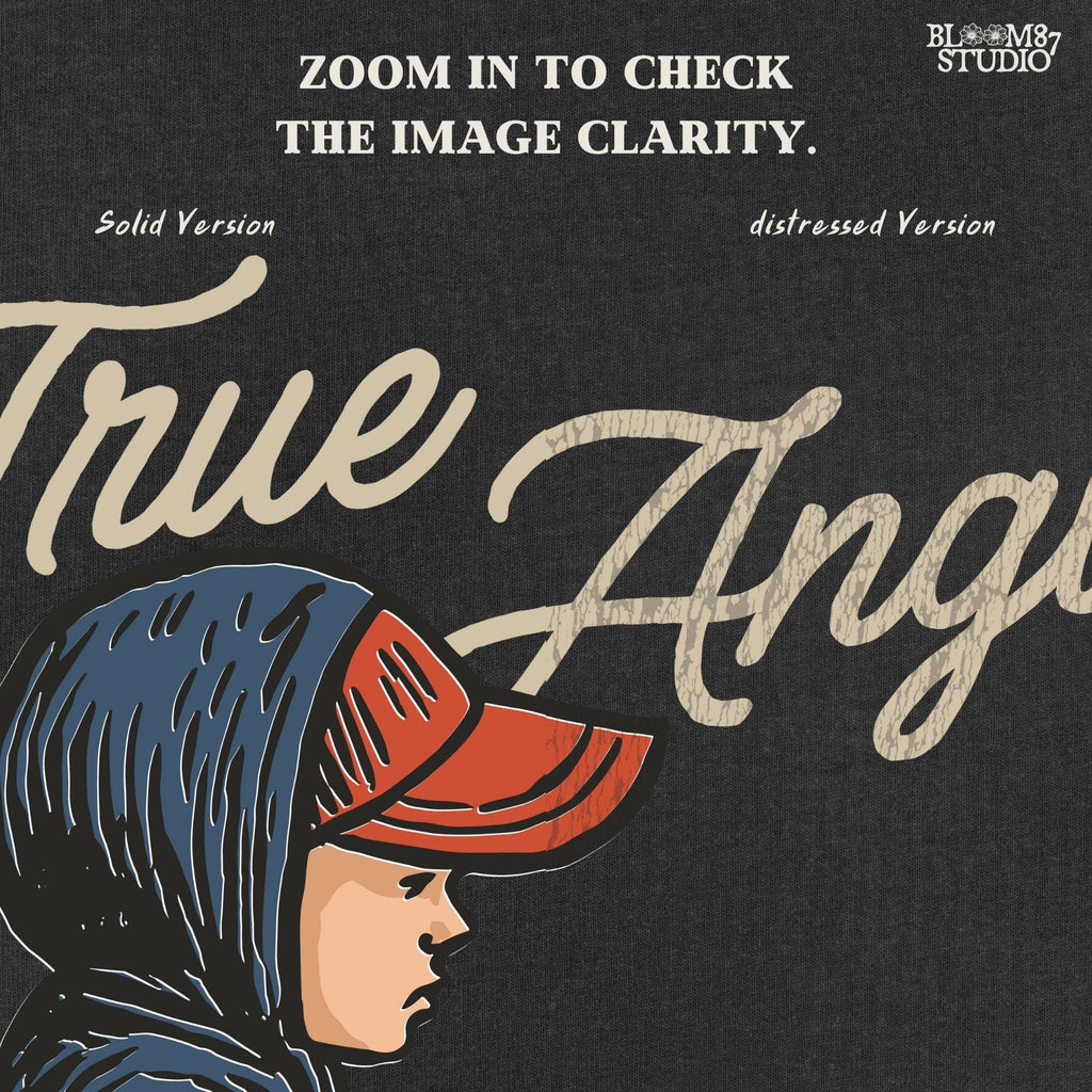 Cartoon of young boy sitting on a bucket in hoodie and boots, fishing with full focus, with the quote “A True Angler Keeps Fishing No Matter What.”