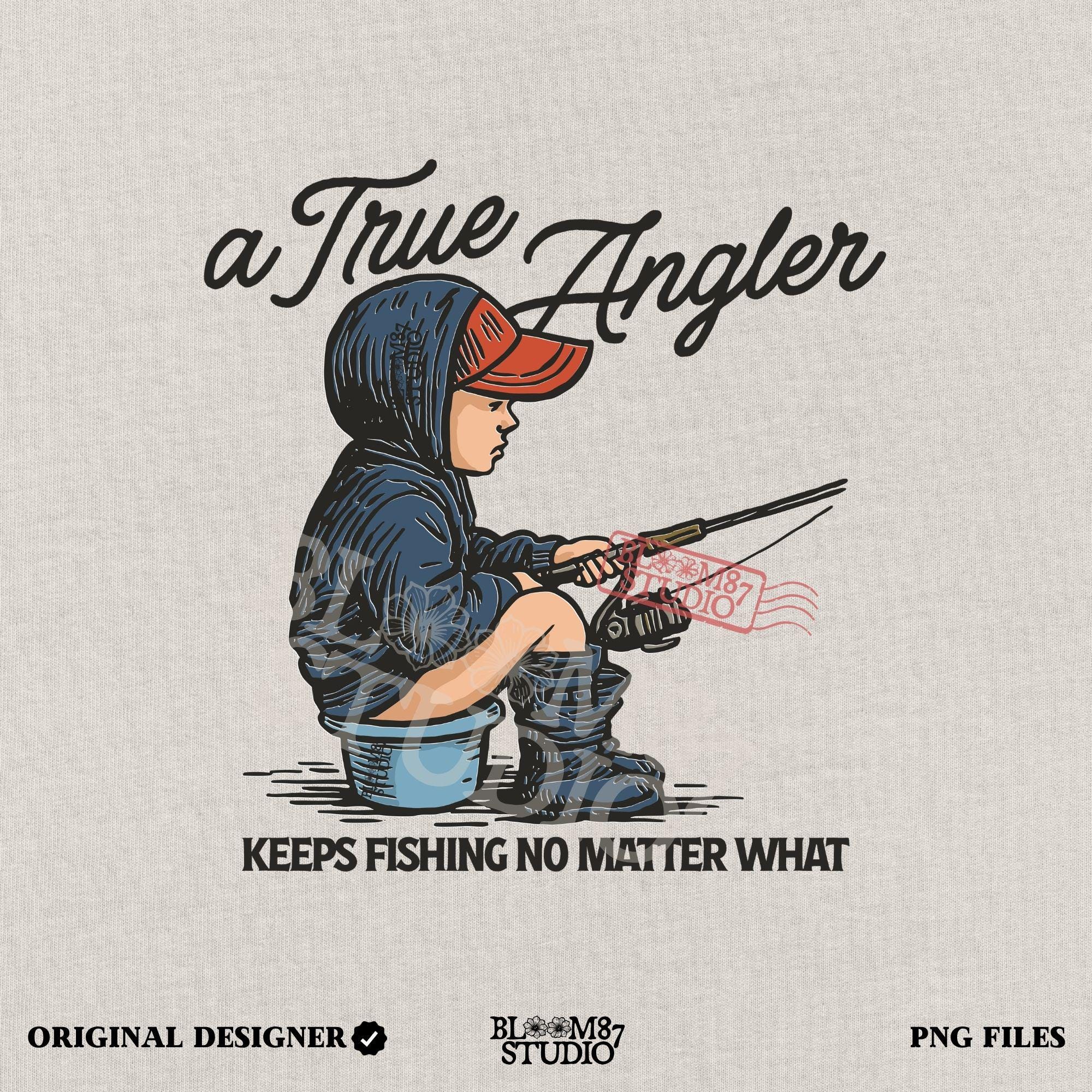 Cartoon of young boy sitting on a bucket in hoodie and boots, fishing with full focus, with the quote “A True Angler Keeps Fishing No Matter What.”