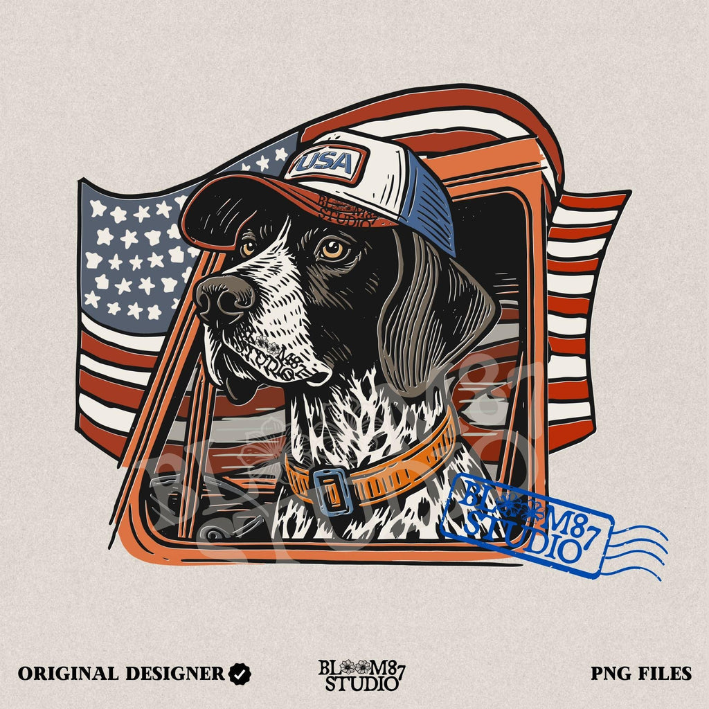 German Shorthaired Pointer dog wearing USA hat looking out of truck window with American flag waving in background