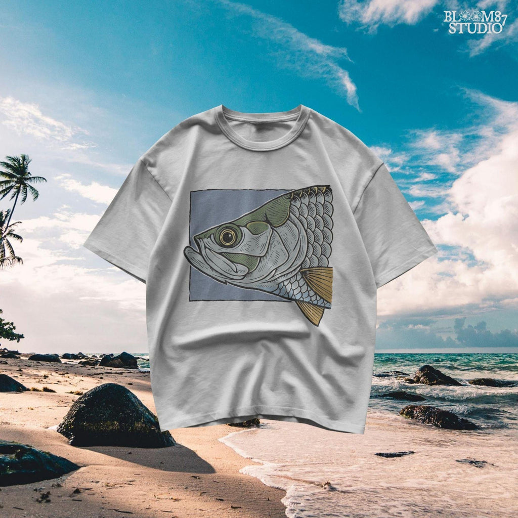 Close-up illustration of a large saltwater fish head with detailed scales, eye, fins, and vintage engraving-style shading on blue background