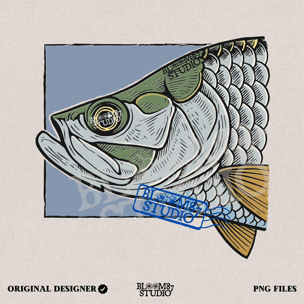 Close-up illustration of a large saltwater fish head with detailed scales, eye, fins, and vintage engraving-style shading on blue background