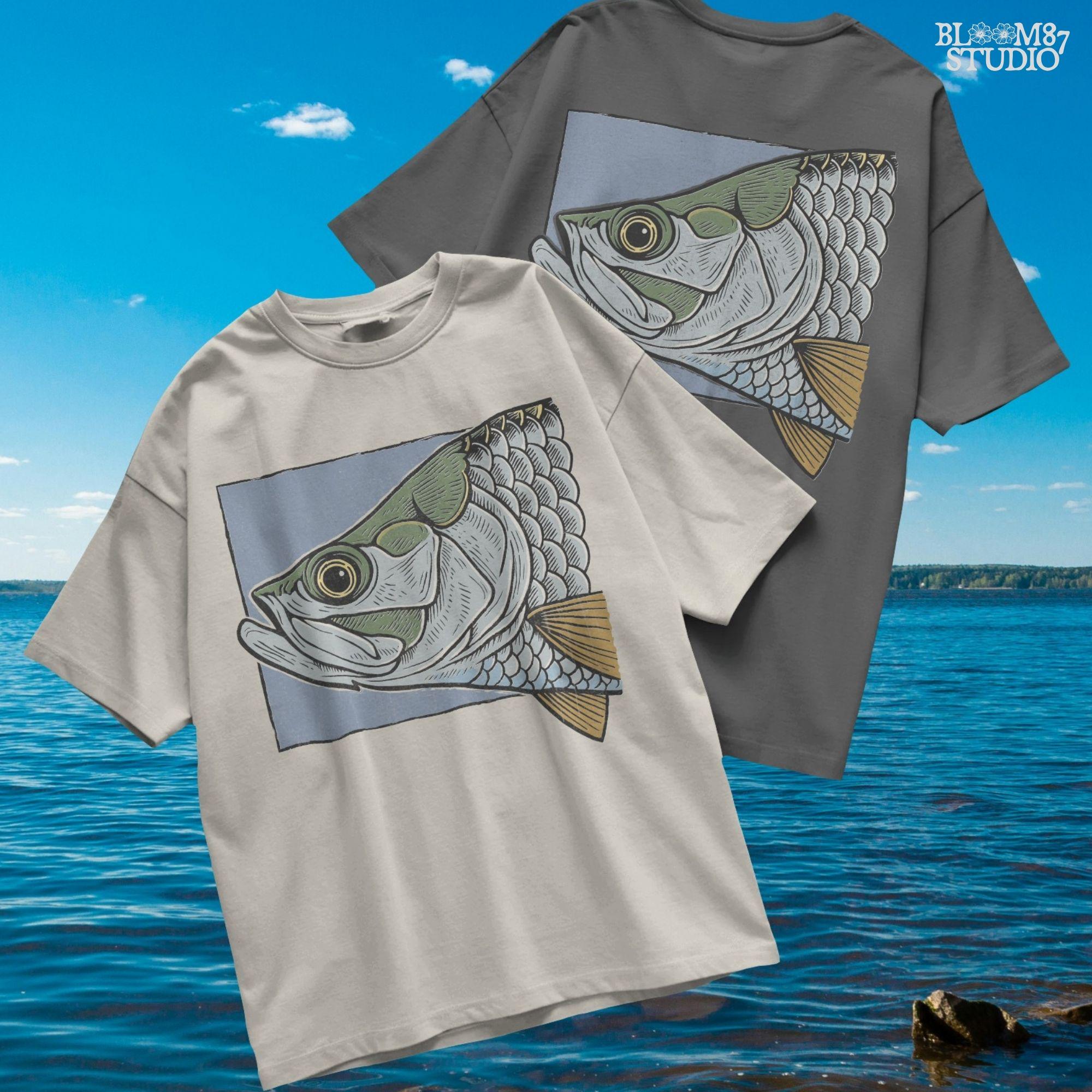 Close-up illustration of a large saltwater fish head with detailed scales, eye, fins, and vintage engraving-style shading on blue background