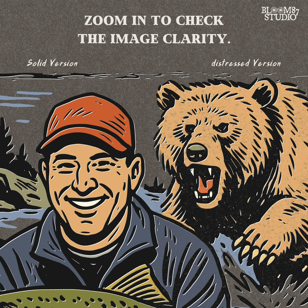 Happy fisherman holding large trout in river while a grizzly bear charges from behind, with text “Stay Positive” in funny outdoor design style