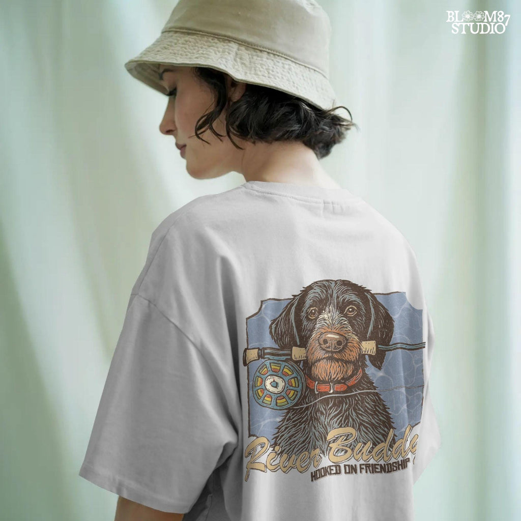 River Buddy Dog PNG – Fly Fishing Dog Clipart with Rod & Hooked on Friendship Text for Sublimation Shirt, Tumbler, Outdoorsman Digital File