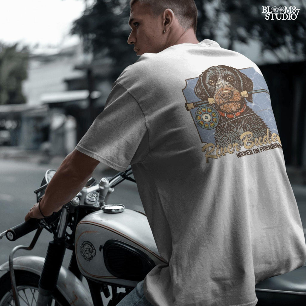 River Buddy Dog PNG – Fly Fishing Dog Clipart with Rod & Hooked on Friendship Text for Sublimation Shirt, Tumbler, Outdoorsman Digital File