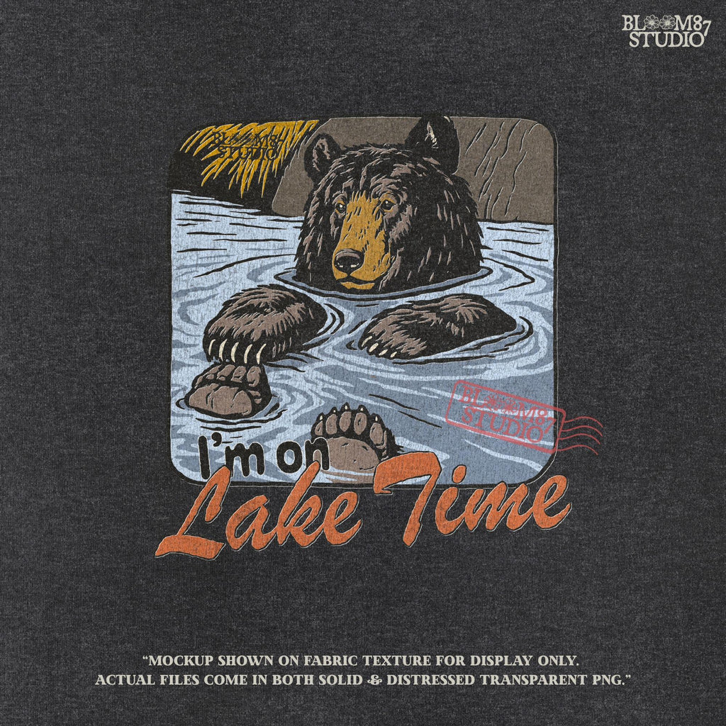 Cartoon bear relaxing in a lake with paws up, text reads “I’m on Lake Time,” in a cozy, vintage outdoor style.