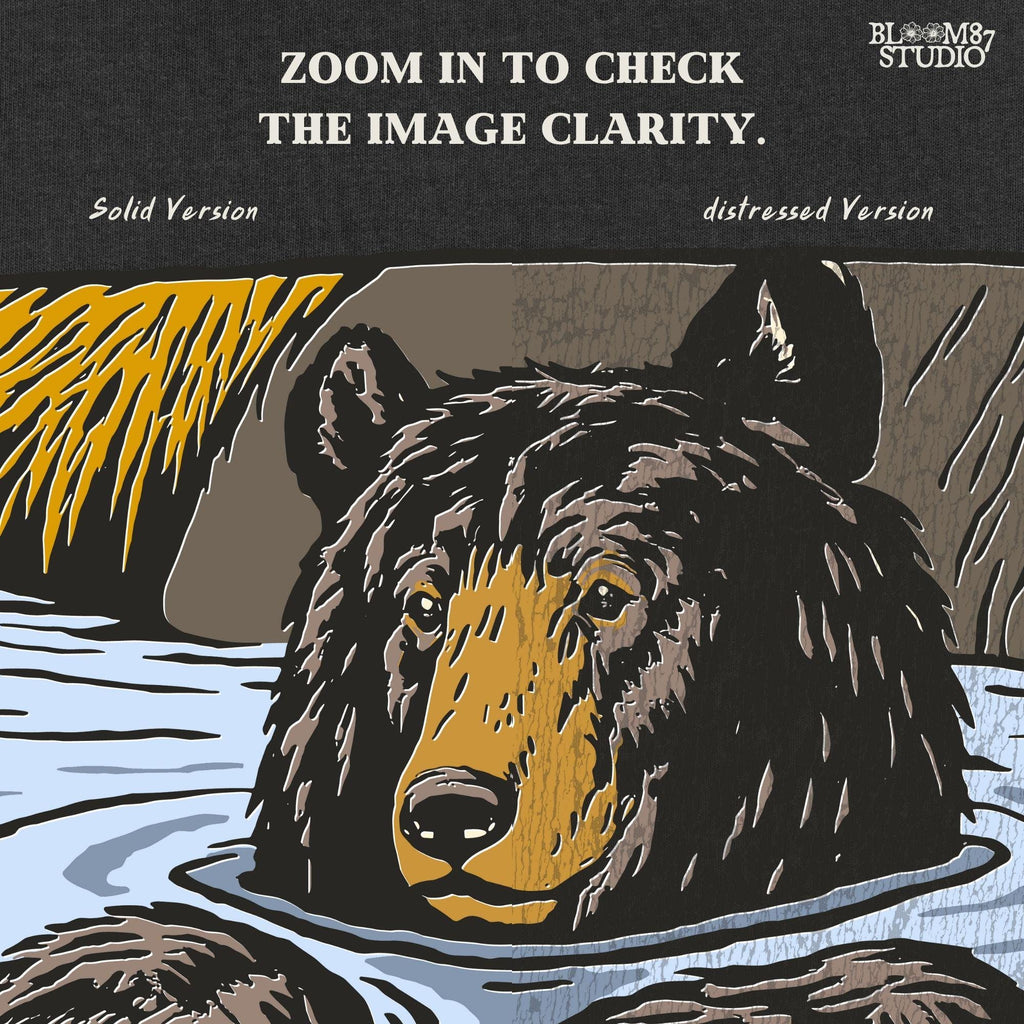 Cartoon bear relaxing in a lake with paws up, text reads “I’m on Lake Time,” in a cozy, vintage outdoor style.