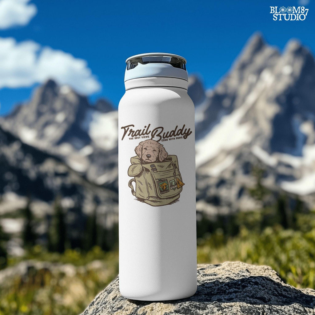 Hand-drawn illustration of a dog in a vintage hiking backpack with National Park patches and the phrase “The Best Views Come with Paws,” designed for sublimation.