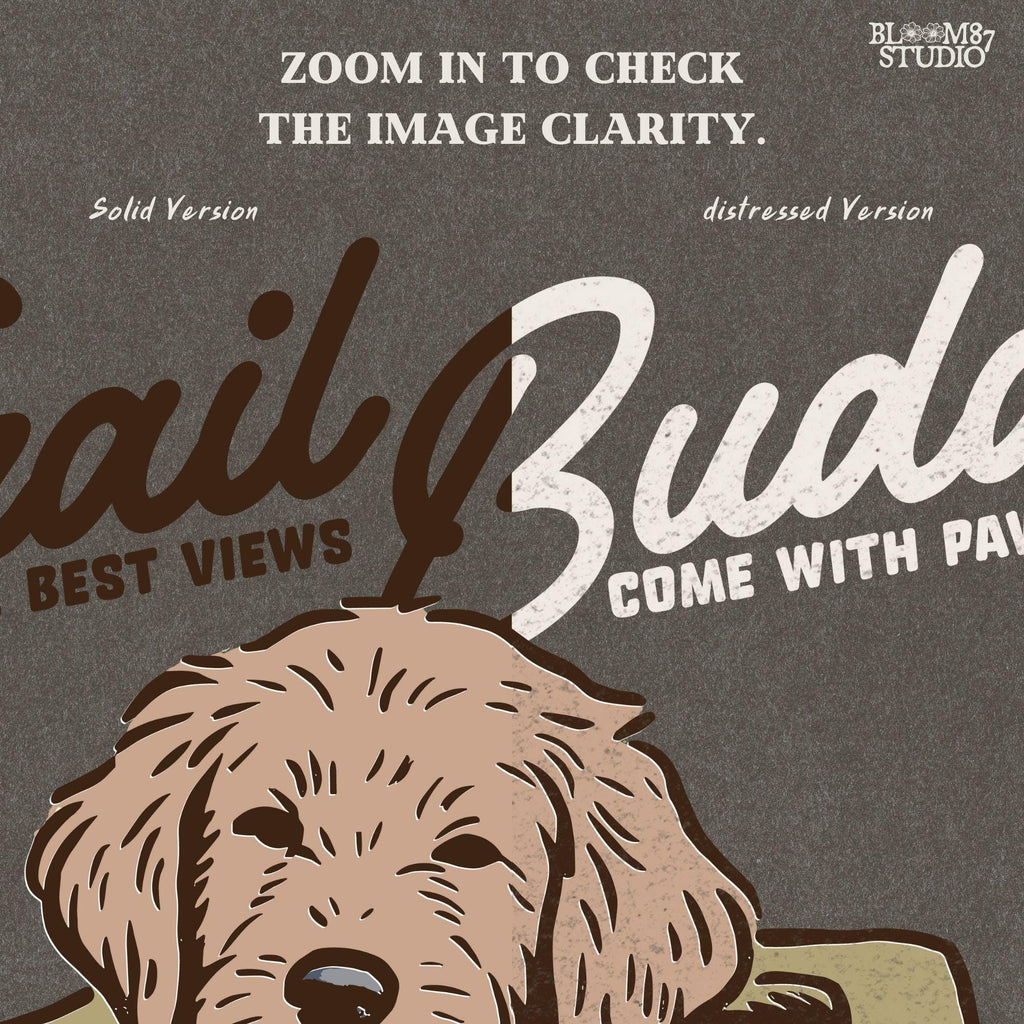 Hand-drawn illustration of a dog in a vintage hiking backpack with National Park patches and the phrase “The Best Views Come with Paws,” designed for sublimation.