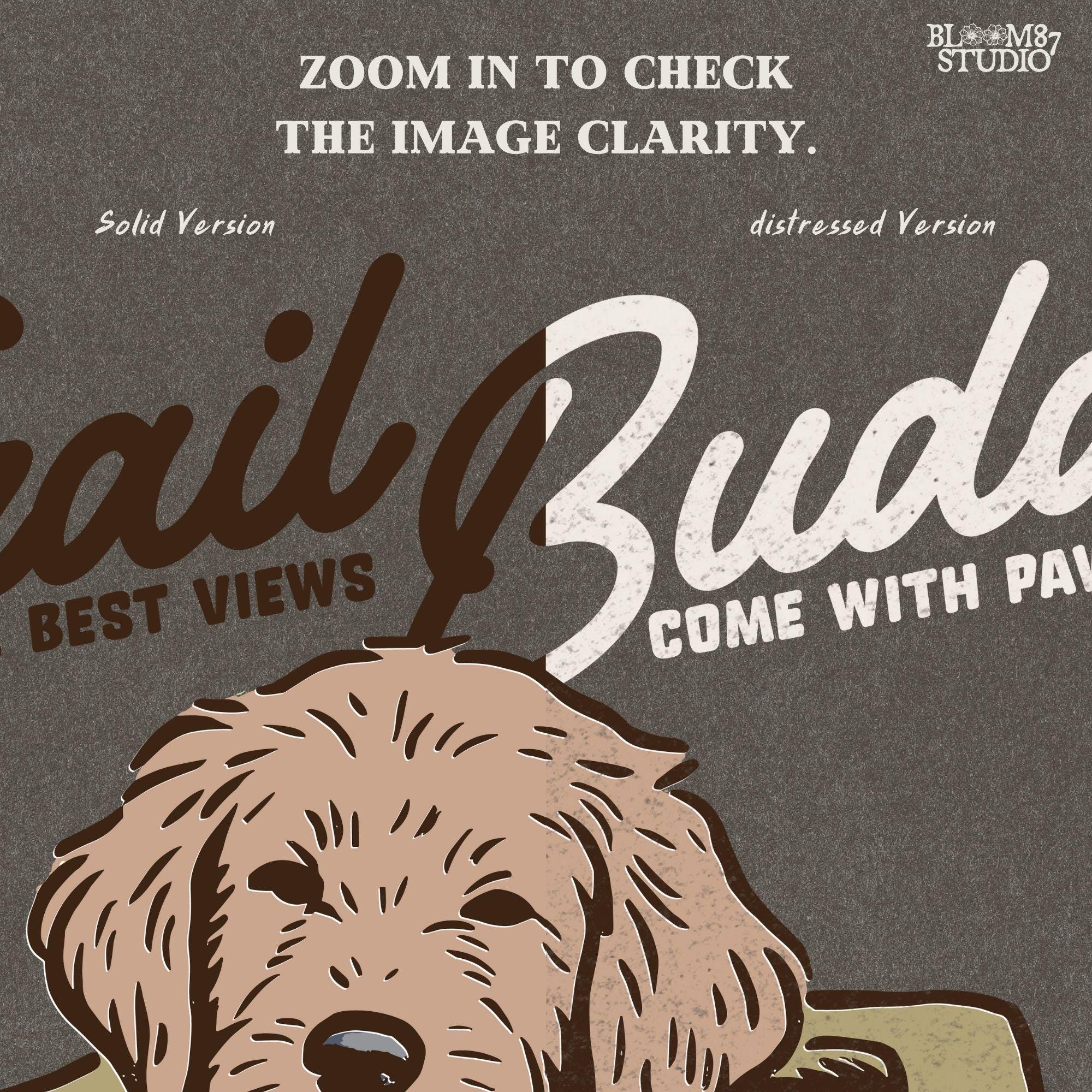 Hand-drawn illustration of a dog in a vintage hiking backpack with National Park patches and the phrase “The Best Views Come with Paws,” designed for sublimation.