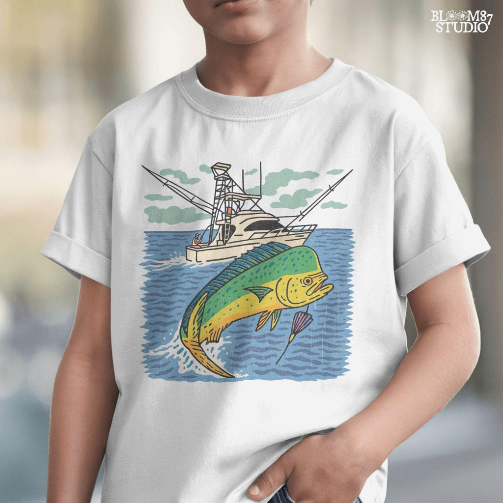 Colorful hand-drawn illustration of a mahi-mahi fish jumping in front of a sport fishing boat on the ocean, designed for sublimation and fishing-themed products.