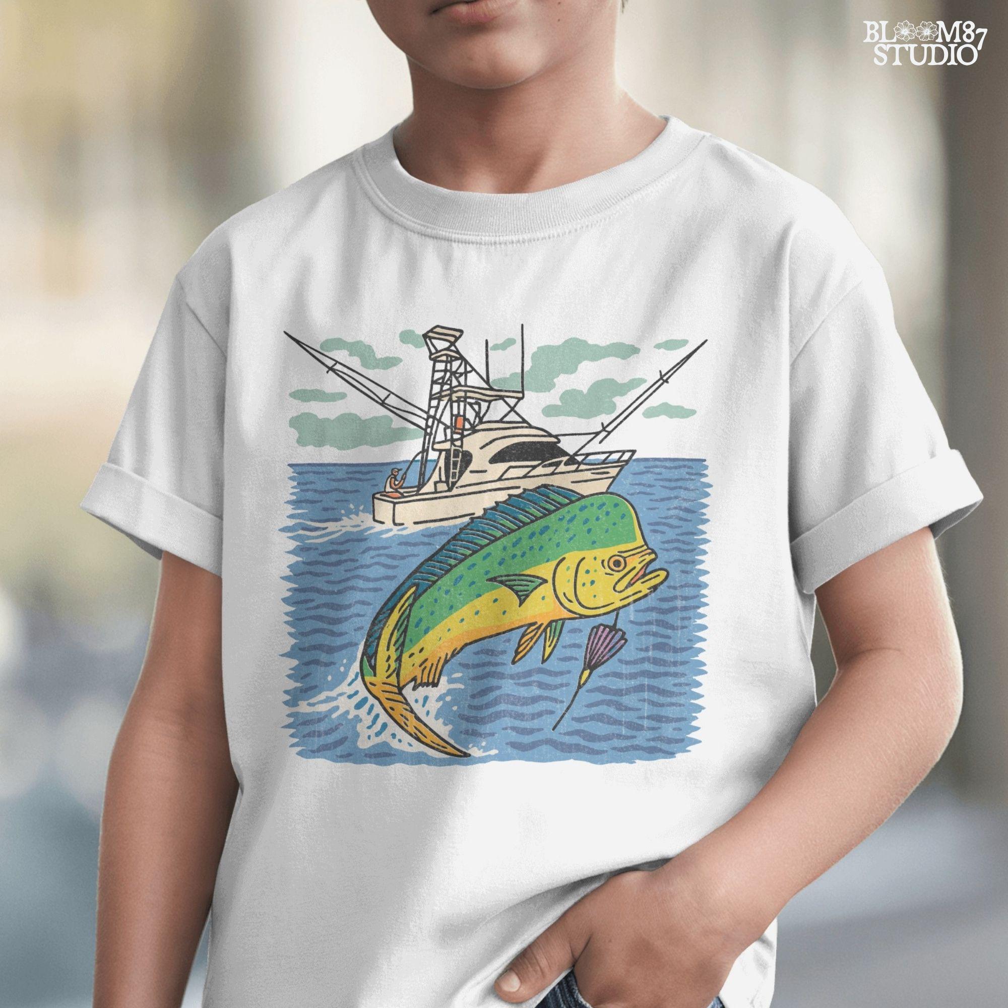 Colorful hand-drawn illustration of a mahi-mahi fish jumping in front of a sport fishing boat on the ocean, designed for sublimation and fishing-themed products.